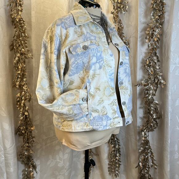 Bill Blass 1X Floral Linen Jacket Women Beige‎ Blue Button Down Y2K Boho - Picture 11 of 14